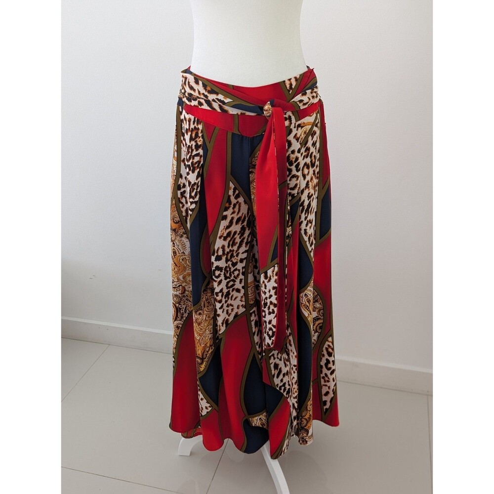 Gracia Pants Women S Red Blue High-Waist Wide Leg Paisley Leopard Print Palazzo